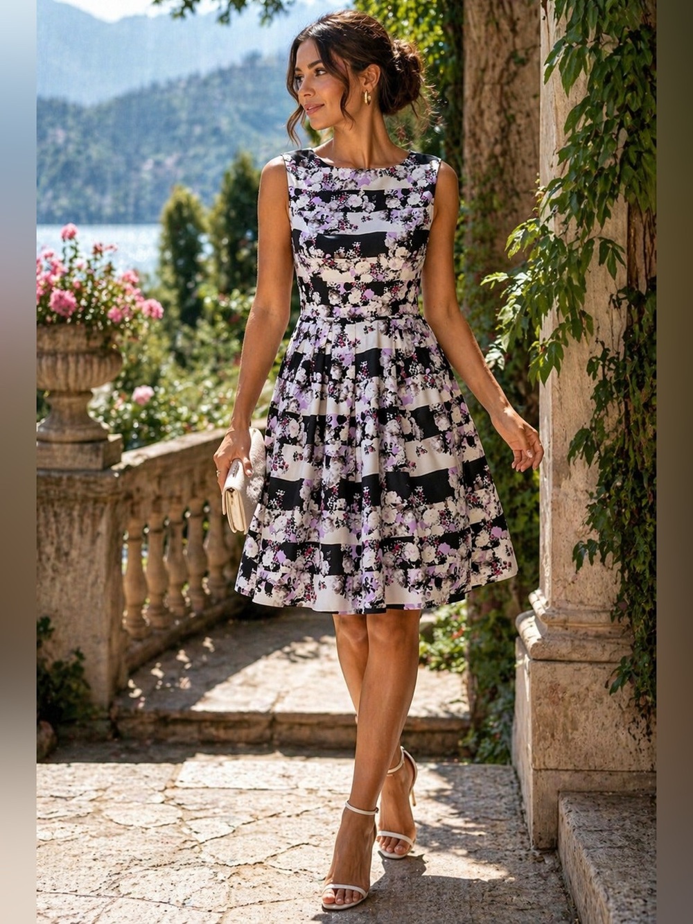 BNWOT Tahari Floral Fit & Flare Dress Black White Lilac Stripe Print Sleevless